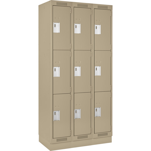 Clean Line Lockers, 3 -tier, Bank of 3, 36" x 18" x 76", Steel, Beige, Rivet (Assembled) EastCoast Offshore Supplies