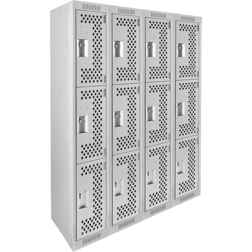Clean Line Lockers, 3 -tier, Bank of 4, 48" x 12" x 72", Steel, Grey, Rivet (Assembled), Perforated EastCoast Offshore Supplies