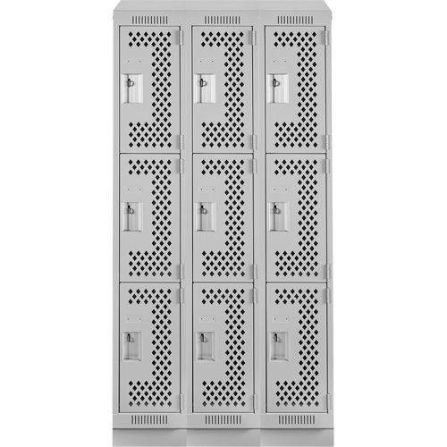 Clean Line Lockers, 3 -tier, Bank of 3, 36" x 18" x 82", Steel, Grey, Rivet (Assembled), Perforated EastCoast Offshore Supplies