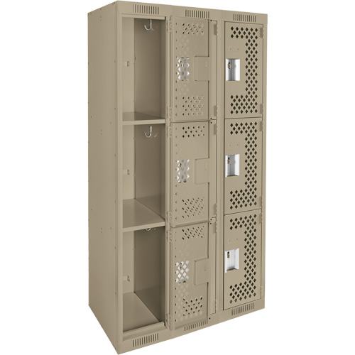 Clean Line Lockers, 3 -tier, Bank of 3, 36" x 12" x 72", Steel, Beige, Rivet (Assembled), Perforated EastCoast Offshore Supplies