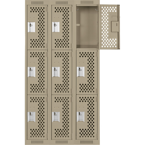 Clean Line Lockers, 3 -tier, Bank of 3, 36" x 12" x 72", Steel, Beige, Rivet (Assembled), Perforated EastCoast Offshore Supplies