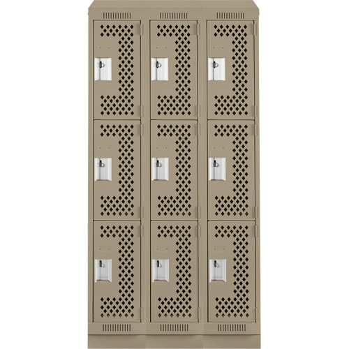 Clean Line Lockers, 3 -tier, Bank of 3, 36" x 18" x 82", Steel, Beige, Rivet (Assembled), Perforated EastCoast Offshore Supplies