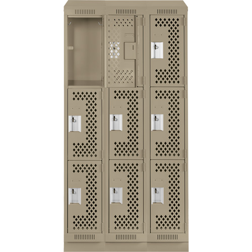 Clean Line Lockers, 3 -tier, Bank of 3, 36" x 18" x 82", Steel, Beige, Rivet (Assembled), Perforated EastCoast Offshore Supplies