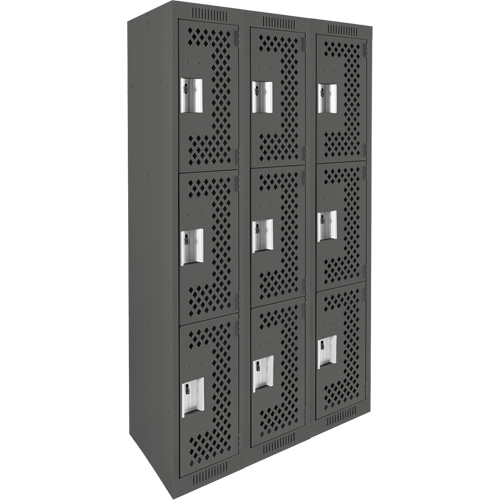 Clean Line Lockers, 3 -tier, Bank of 3, 36" x 12" x 72", Steel, Charcoal, Rivet (Assembled), Perforated EastCoast Offshore Supplies