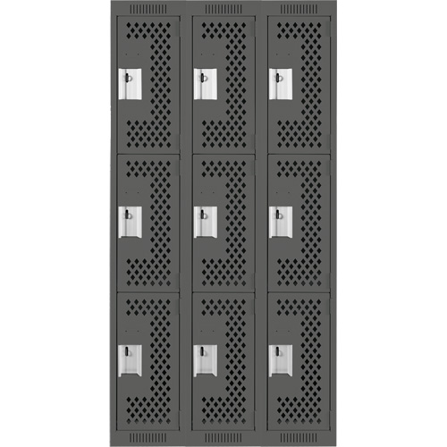 Clean Line Lockers, 3 -tier, Bank of 3, 36" x 12" x 72", Steel, Charcoal, Rivet (Assembled), Perforated EastCoast Offshore Supplies