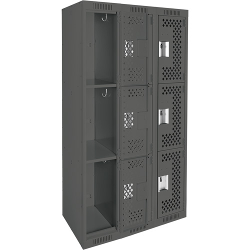 Clean Line Lockers, 3 -tier, Bank of 3, 36" x 12" x 72", Steel, Charcoal, Rivet (Assembled), Perforated EastCoast Offshore Supplies
