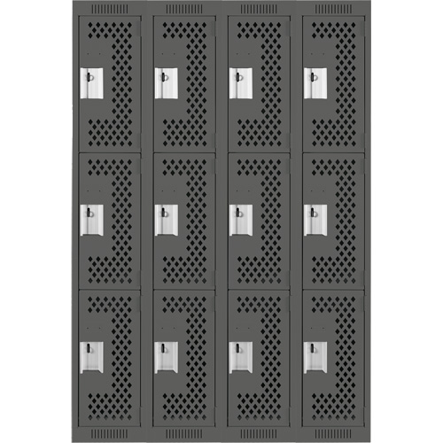 Clean Line Lockers, 3 -tier, Bank of 4, 48" x 12" x 72", Steel, Charcoal, Rivet (Assembled), Perforated EastCoast Offshore Supplies