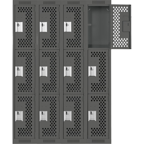 Clean Line Lockers, 3 -tier, Bank of 4, 48" x 12" x 72", Steel, Charcoal, Rivet (Assembled), Perforated EastCoast Offshore Supplies