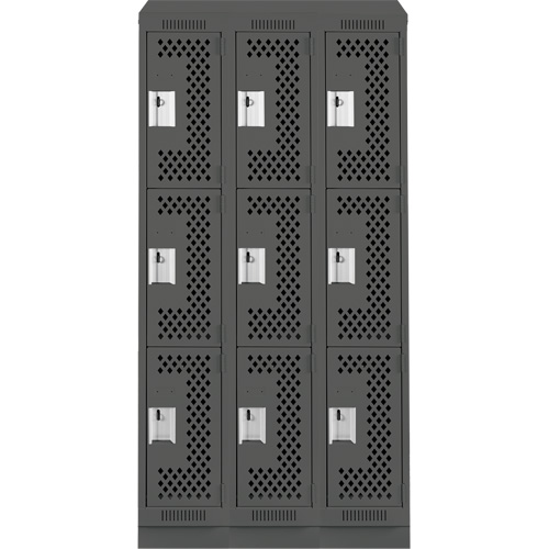 Clean Line Lockers, 3 -tier, Bank of 3, 36" x 18" x 82", Steel, Charcoal, Rivet (Assembled), Perforated EastCoast Offshore Supplies