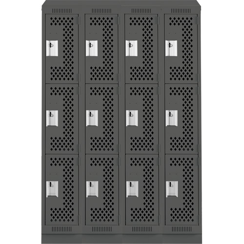 Clean Line Lockers, 3 -tier, Bank of 4, 48" x 18" x 82", Steel, Charcoal, Rivet (Assembled), Perforated EastCoast Offshore Supplies