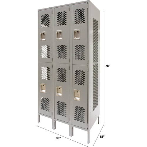 Vented Lockers, 2 -tier, Bank of 3, 36" x 18" x 78", Steel, Grey, Knocked Down, Perforated EastCoast Offshore Supplies