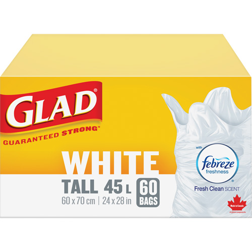 Sacs &agrave; ordures hauts 45 L avec Febreze, R&eacute;gulier, 24" la x 28" lo, Blanc EastCoast Offshore Supplies