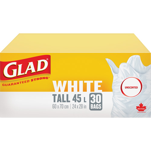 Sacs &agrave; ordures hauts 45 L sans parfum, R&eacute;gulier, 24" la x 28" lo, Blanc EastCoast Offshore Supplies