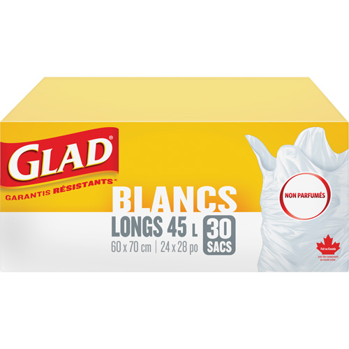 Sacs &agrave; ordures hauts 45 L sans parfum, R&eacute;gulier, 24" la x 28" lo, Blanc EastCoast Offshore Supplies