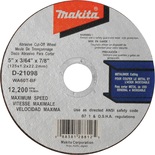 Thin Kerf Cut-Off Wheel, 5" x 3/64", 7/8" Arbor, Type 1, Aluminum Oxide, 12200 RPM EastCoast Offshore Supplies