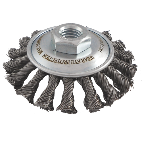 Brosses soucoupes &agrave; fils nou&eacute;s, Dia. 5", Fils 0,02", Arbre 5/8"-11, Acier EastCoast Offshore Supplies