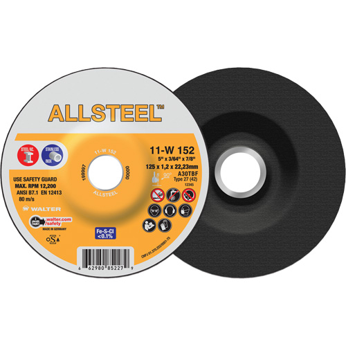 AllSteel Cut-Off Wheel, 5" x 3/64", 7/8" Arbor, Type 27, Aluminum Oxide, 12250 RPM EastCoast Offshore Supplies