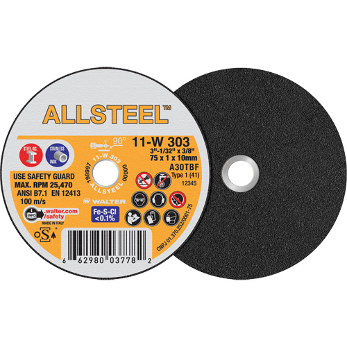 AllSteel Mini Cut-Off Wheel, 3" x 1/32", 3/8" Arbor, Type 1, Aluminum Oxide, 25470 RPM EastCoast Offshore Supplies