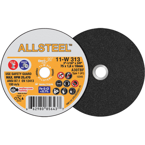 AllSteel Mini Cut-Off Wheel, 3" x 1/16", 3/8" Arbor, Type 1, Aluminum Oxide, 25470 RPM EastCoast Offshore Supplies