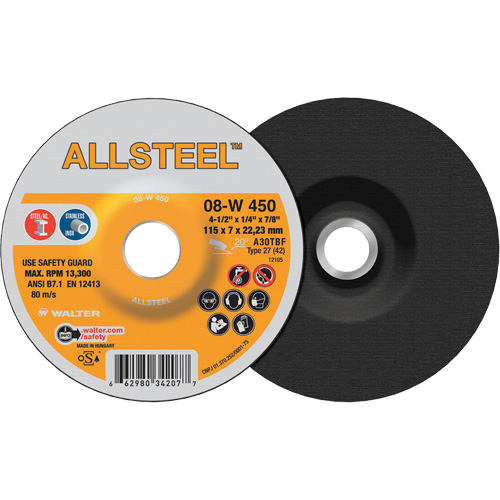 AllSteel Grinding Wheel, 4-1/2" x 1/4", 7/8" Arbor, Aluminum Oxide, Type 27 EastCoast Offshore Supplies