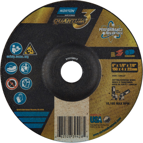 Quantum3 Grinding & Cutting Wheel, 6" x 1/8", 7/8" Arbor, Type 27, 24 Grit, Ceramic Alumina EastCoast Offshore Supplies