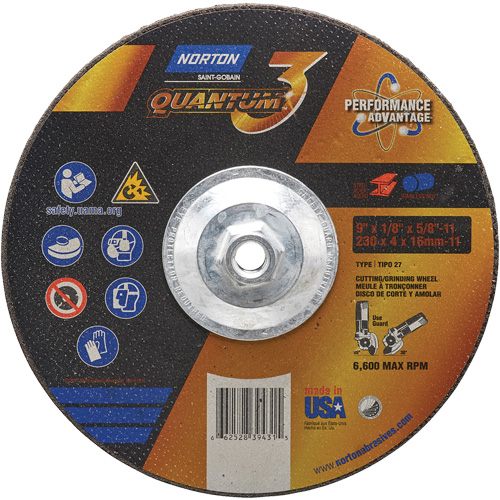 Quantum3 Grinding & Cutting Wheel, 9" x 1/8", 5/8"-11 Arbor, Type 27, 24 Grit, Ceramic Alumina EastCoast Offshore Supplies