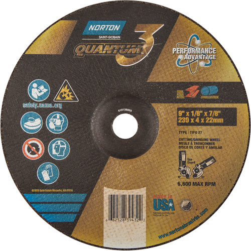 Disque de rectification et de tronçonnage Quantum3, 9" x 1/8", Arbre de 7/8", Type 27, Grain de 24, C&eacute;ramique d'alumine EastCoast Offshore Supplies