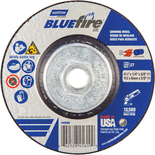 Meule XXL BlueFire, 4-1/2" x 1/4", Arbre 5/8", C&eacute;ramique d'alumine, Type 27 EastCoast Offshore Supplies