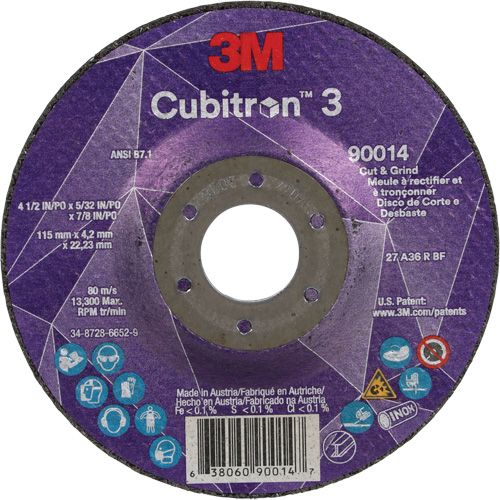 Meule &agrave; couper & tronçonner Cubitron 3, 4-1/2" x 5/32", Arbre de 7/8", Type T27, Grain de 36+, C&eacute;ramique EastCoast Offshore Supplies