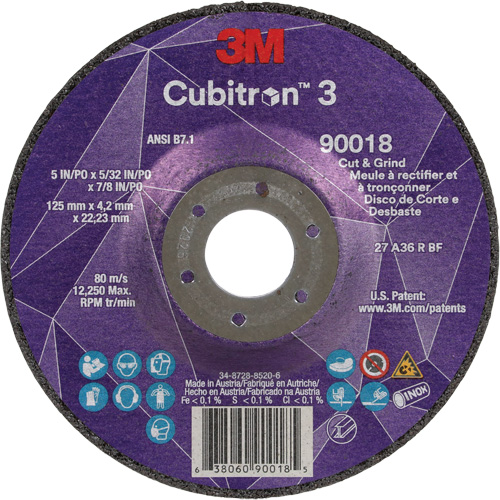 Meule &agrave; couper & tronçonner Cubitron 3, 5" x 5/32", Arbre de 7/8", Type T27, Grain de 36+, C&eacute;ramique EastCoast Offshore Supplies
