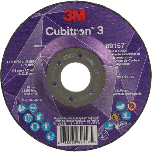 Meule &agrave; rectifier et &agrave; tronçonner Cubitron 3, 4-1/2" x 1/8", Arbre de 7/8", Type 27, Grain de 36, C&eacute;ramique EastCoast Offshore Supplies