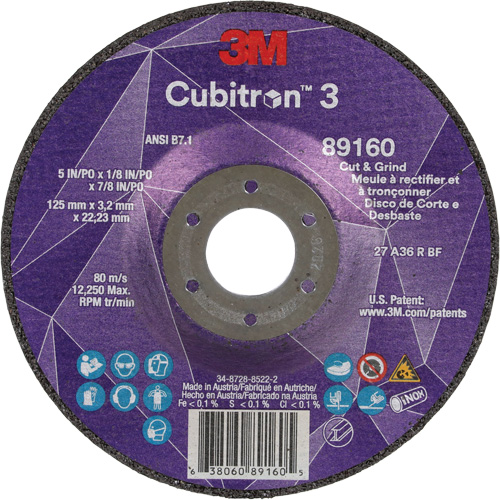 Meule &agrave; rectifier et &agrave; tronçonner Cubitron 3, 5" x 1/8", Arbre de 7/8", Type 27, Grain de 36, C&eacute;ramique EastCoast Offshore Supplies
