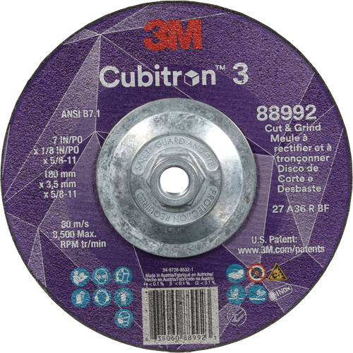 Meule &agrave; rectifier et &agrave; tronçonner Cubitron 3, 7" x 1/8", Arbre de 5/8"-11, Type 27, Grain de 36, C&eacute;ramique EastCoast Offshore Supplies
