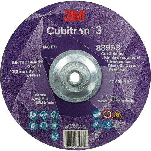 Meule &agrave; rectifier et &agrave; tronçonner Cubitron 3, 9" x 1/8", Arbre de 5/8"-11, Type 27, Grain de 36, C&eacute;ramique EastCoast Offshore Supplies