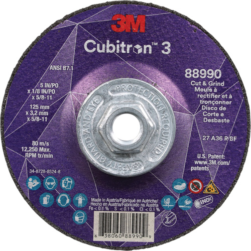 Meule &agrave; rectifier et &agrave; tronçonner Cubitron 3, 5" x 1/8", Arbre de 5/8"-11, Type 27, Grain de 36, C&eacute;ramique EastCoast Offshore Supplies