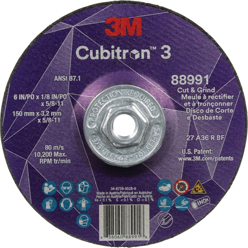 Cubitron 3 Cut and Grind Wheel, 6" x 1/8", 5/8"-11 Arbor, Type 27, 36 Grit, Ceramic EastCoast Offshore Supplies