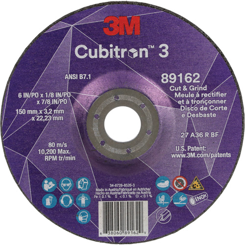 Meule &agrave; rectifier et &agrave; tronçonner Cubitron 3, 6" x 1/8", Arbre de 7/8", Type 27, Grain de 36, C&eacute;ramique EastCoast Offshore Supplies