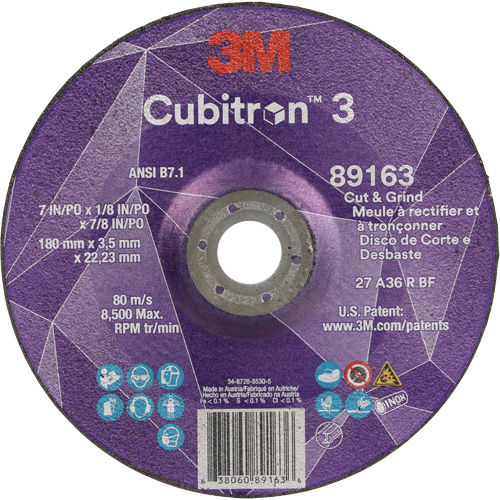 Cubitron 3 Cut and Grind Wheel, 7" x 1/8", 7/8" Arbor, Type 27, 36 Grit, Ceramic EastCoast Offshore Supplies