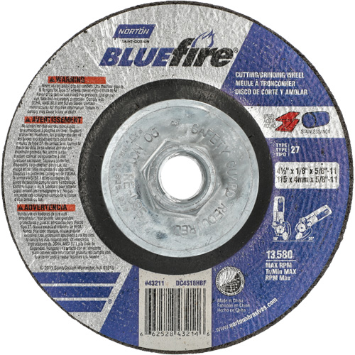 Disque de meulage et tronçonnage BlueFire, 4-1/2" x 1/8", Arbre de 5/8"-11, Type 27, Alumine de zirconium EastCoast Offshore Supplies