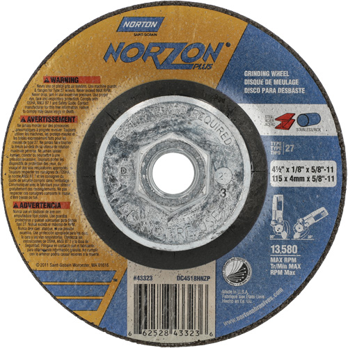 NorZon Plus SGZ CA Grinding & Cutting Wheel, 4-1/2" x 1/8", 5/8"-11 Arbor, Type 27, Ceramic Alumina EastCoast Offshore Supplies