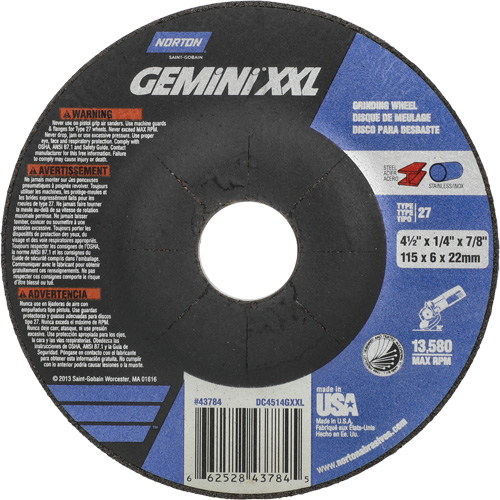 Meule XXL Gemini, 4-1/2" x 1/4", Arbre 7/8", Oxyde d'aluminium, Type 27 EastCoast Offshore Supplies