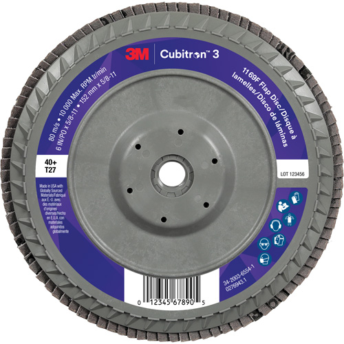 Disque &agrave; lamelles plate 1169F Cubitron 3 &agrave; changement rapide, 6" x 5/8"-11, Type T27, Grain 40+, C&eacute;ramique EastCoast Offshore Supplies