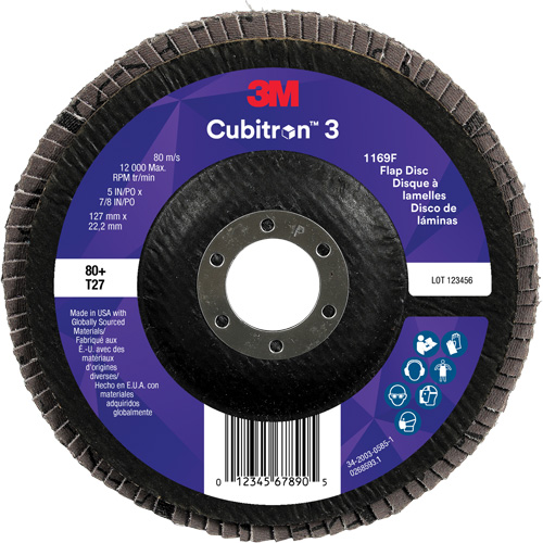 Disque &agrave; lamelles plate 1169F Cubitron 3, 5" x 7/8", Type T27, Grain 80+, C&eacute;ramique EastCoast Offshore Supplies