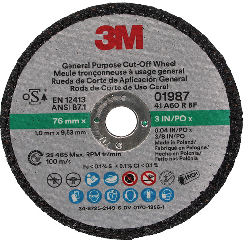 Disque &agrave; tronçonner &agrave; usage g&eacute;n&eacute;ral, 01987, 3" x 0,04"/1/32", Arbre de 3/8", Oxyde d'aluminium EastCoast Offshore Supplies