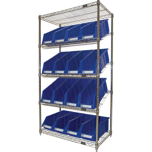 Slanted Wire Shelf with Bins, 5 Tiers, 36" W x 63" H x 18" D EastCoast Offshore Supplies