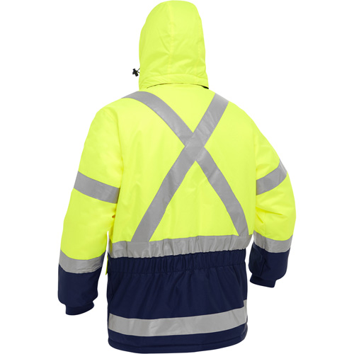 Manteau pour le froid extr&ecirc;me avec bas bleu marin et X au dos Bisley, Polyester, Jaune lime haute visibilit&eacute;, T-Grand EastCoast Offshore Supplies