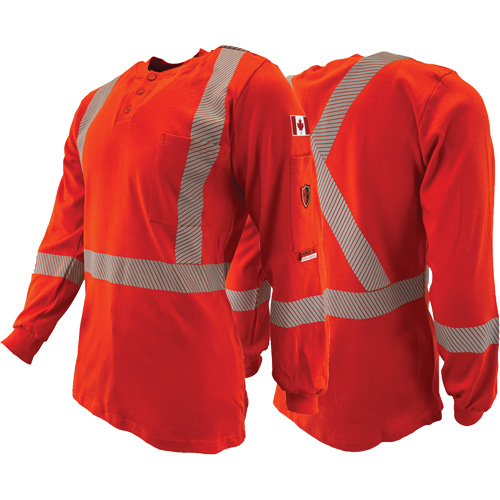Chandail &agrave; manches longues ignifuge et r&eacute;sistant &agrave; l'arc &eacute;lectrique avec bandes de 2" Henley Atlas Guardian, T-petit, Orange haute visibilit&eacute; EastCoast Offshore Supplies