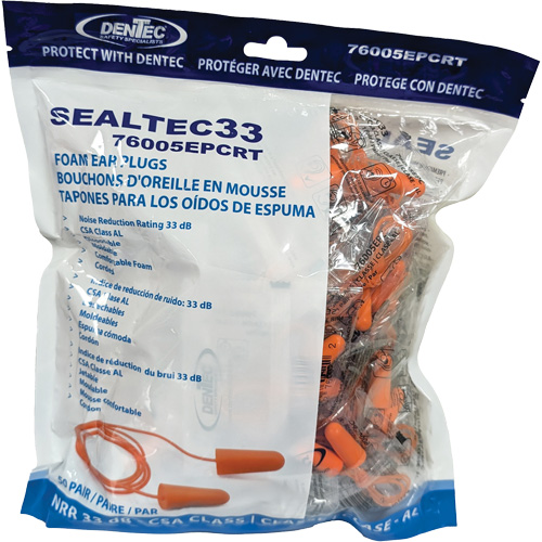 Bouchons d'oreilles coniques jetables en mousse de PU orange SEALTEC33, Vrac - Sac en poly, Avec cordon EastCoast Offshore Supplies