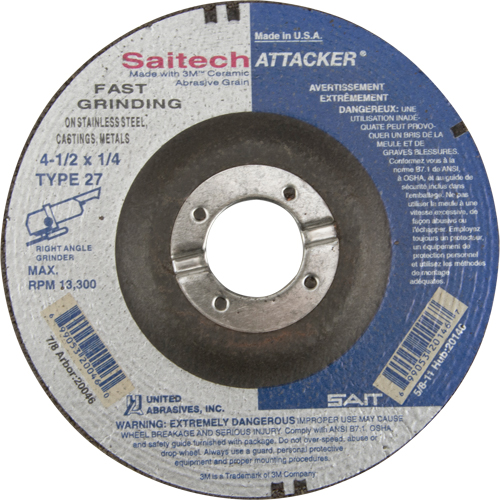 Saitech Attacker&reg; Fast Grinding Wheel, 4-1/2" x 1/4", 7/8" Arbor, Aluminum Oxide/Ceramic, Type 27 EastCoast Offshore Supplies