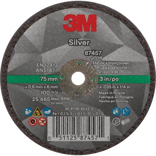 Silver Cut-Off Wheel, 3" x 0.04", 1/4"-28 Arbor, Type 1, Ceramic, 25645 RPM EastCoast Offshore Supplies